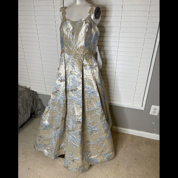Mac Duggal Style 68956 Metallic Jacquard Ball Gown With Mandarin Collar Dress